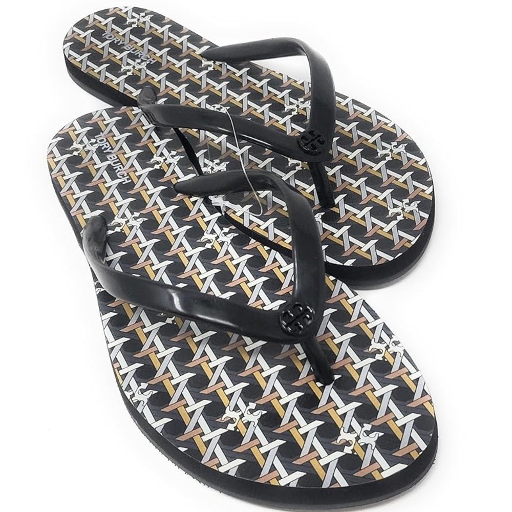 Tory Burch Black and White Patterned Chelsea Flip-Flop Sandals